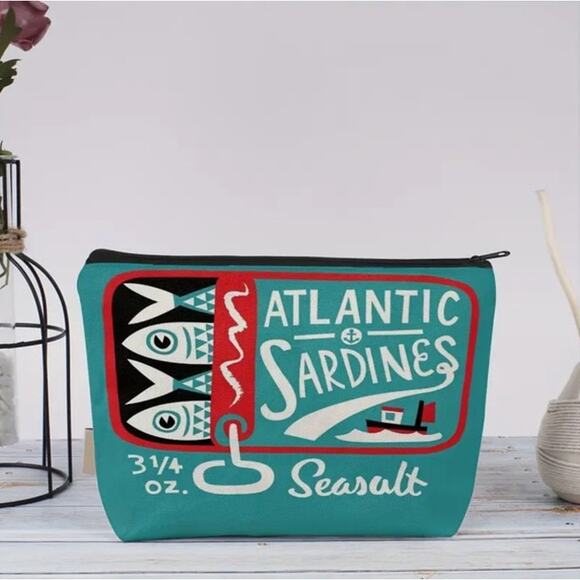 Sardines Tin Can Print Makeup Storage Bag Teal Blue Beach Nautical Fishermancore - Picture 3 of 8